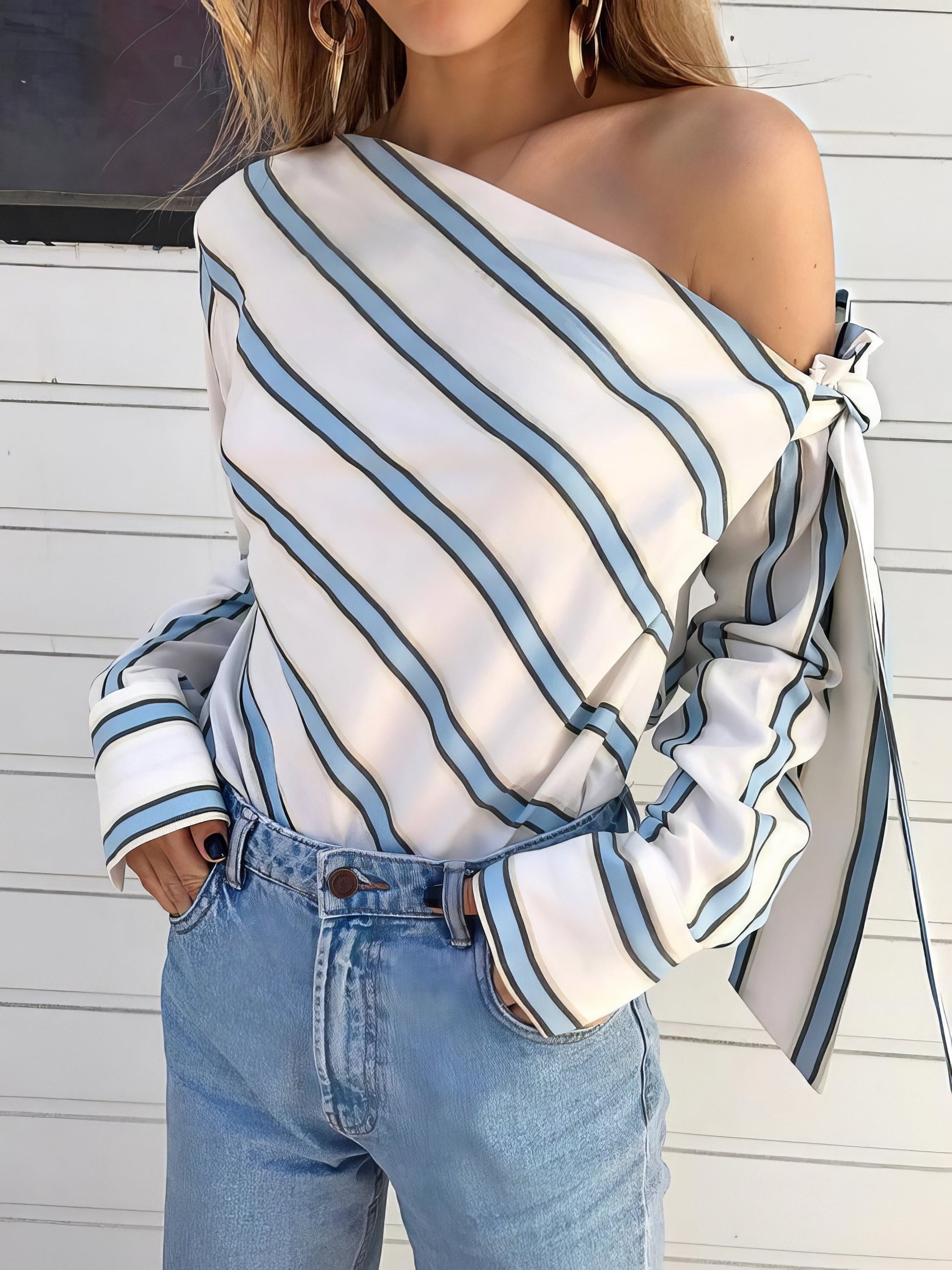 Long Sleeve Slanted Shoulder Striped Shirt - LuckyFash™