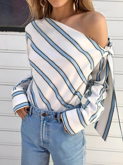 Long Sleeve Slanted Shoulder Striped Shirt - LuckyFash™