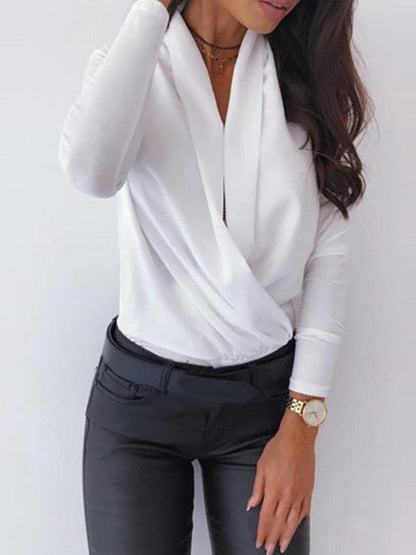 Long Sleeve Solid Deep V Swing Neck Blouses - LuckyFash™