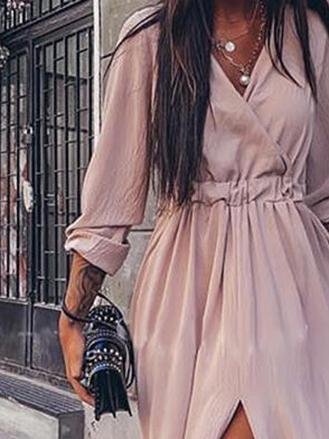 Long Sleeve V-Neck Irregular Slit Dress - LuckyFash™