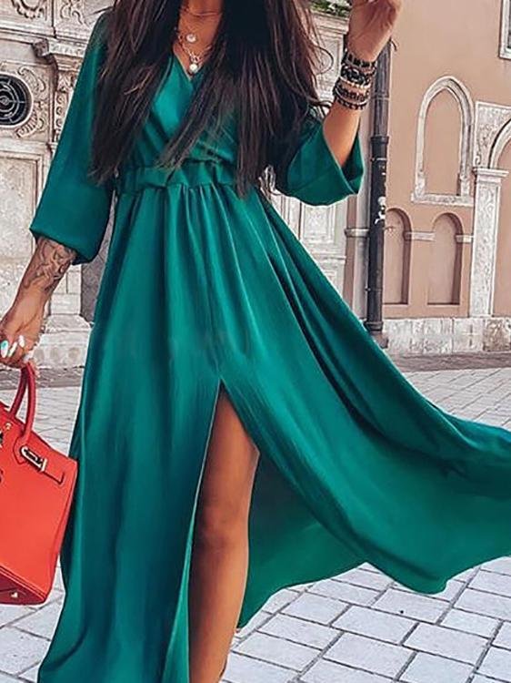 Long Sleeve V-Neck Irregular Slit Dress - LuckyFash™