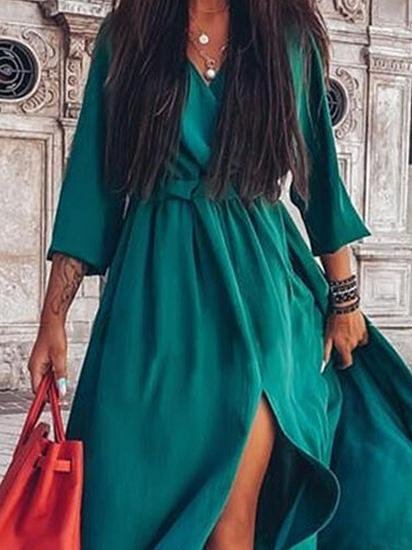 Long Sleeve V-Neck Irregular Slit Dress - LuckyFash™