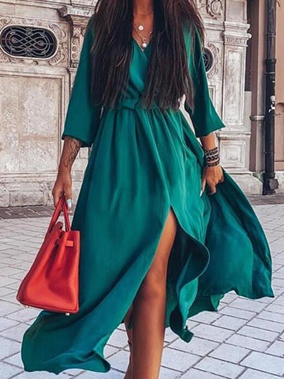 Long Sleeve V-Neck Irregular Slit Dress - LuckyFash™