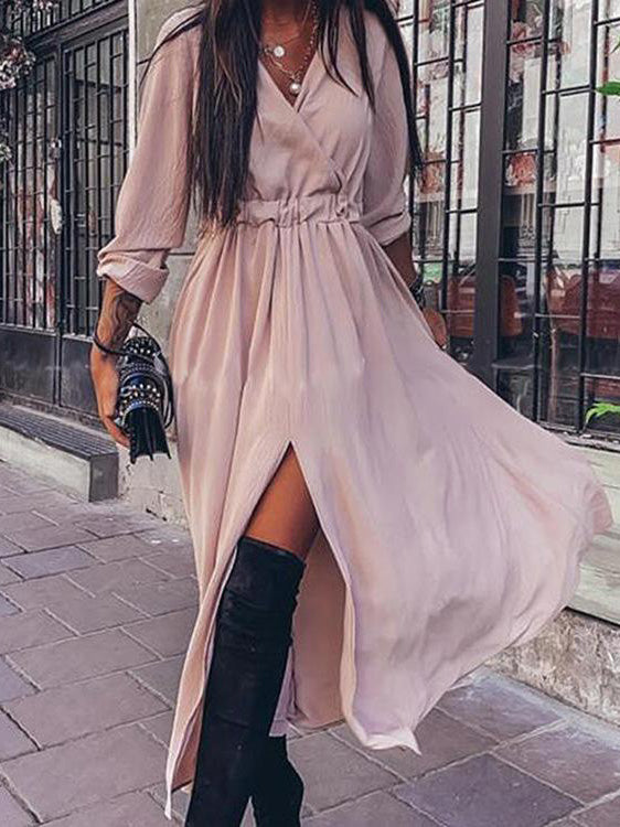Long Sleeve V-Neck Irregular Slit Dress - LuckyFash™