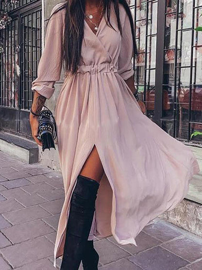 Long Sleeve V-Neck Irregular Slit Dress - LuckyFash™