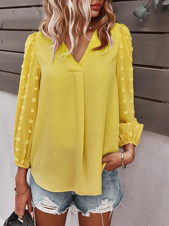 Long-sleeved Casual V Neck Solid Blouse - LuckyFash™