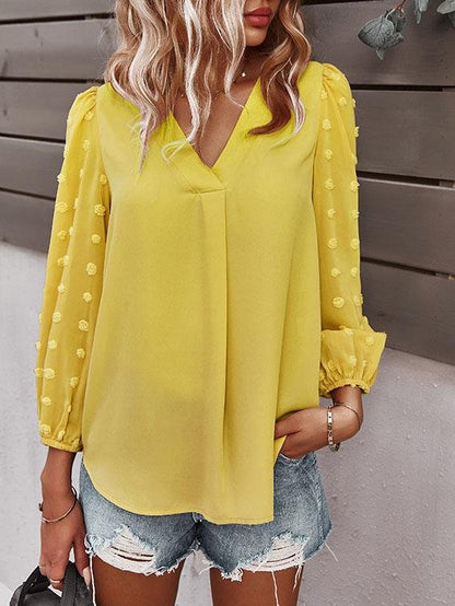 Long-sleeved Casual V Neck Solid Blouse - LuckyFash™
