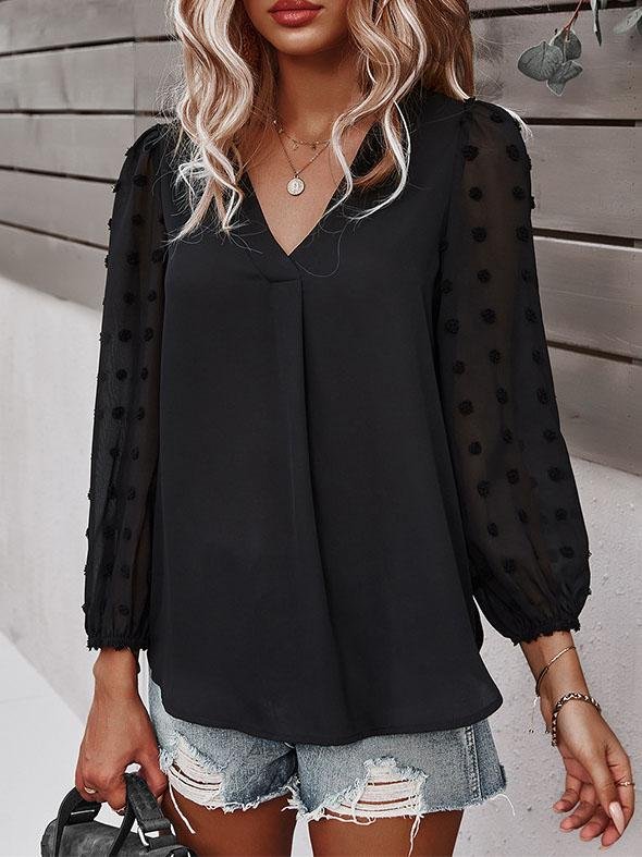 Long-sleeved Casual V Neck Solid Blouse - LuckyFash™