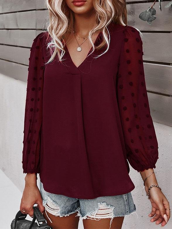 Long-sleeved Casual V Neck Solid Blouse - LuckyFash™