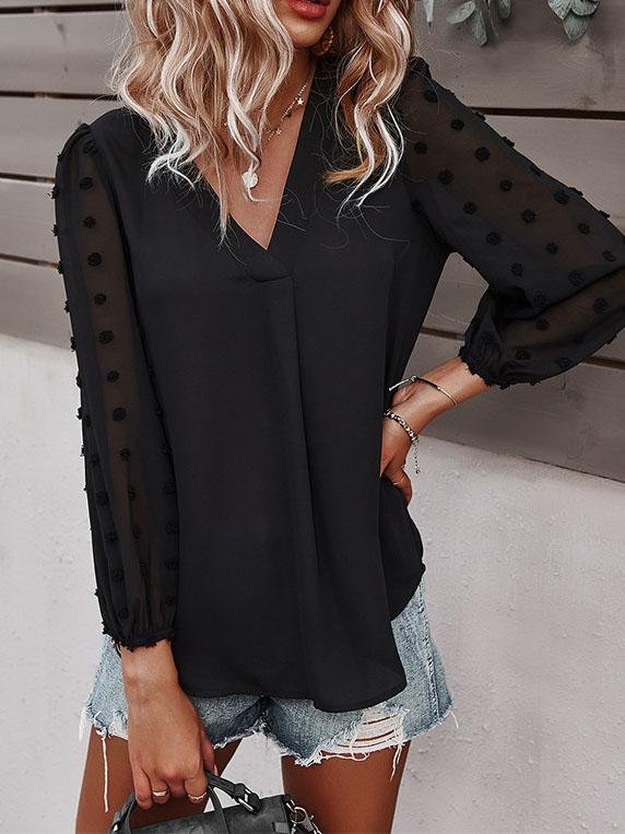 Long-sleeved Casual V Neck Solid Blouse - LuckyFash™