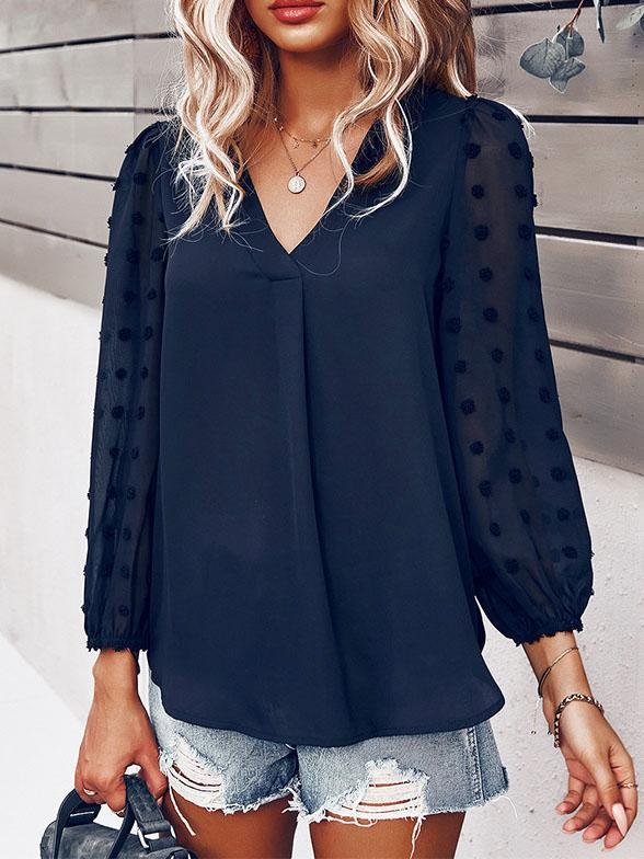 Long-sleeved Casual V Neck Solid Blouse - LuckyFash™