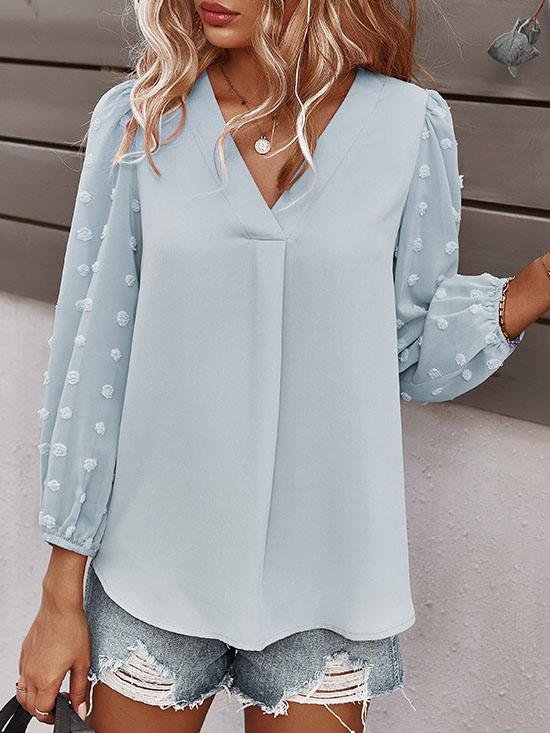 Long-sleeved Casual V Neck Solid Blouse - LuckyFash™
