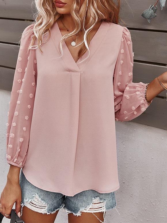 Long-sleeved Casual V Neck Solid Blouse - LuckyFash™