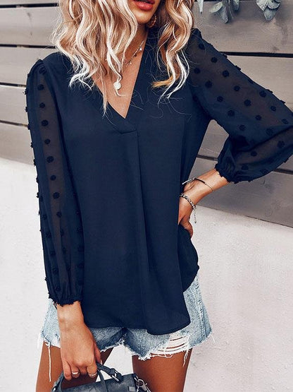 Long-sleeved Casual V Neck Solid Blouse - LuckyFash™