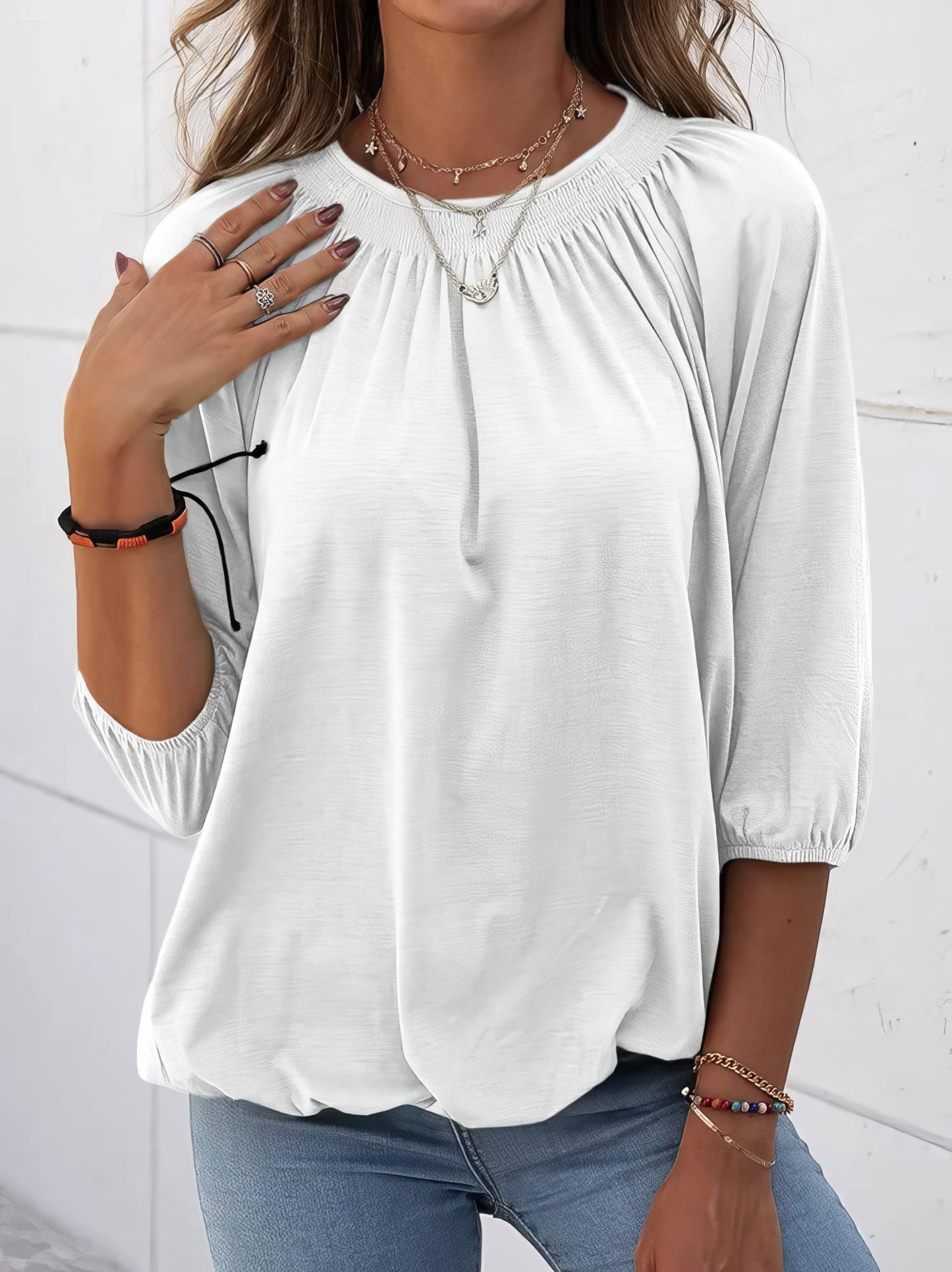 Loose 3/4 Sleeve Pleated Crew Neck T-Shirt - LuckyFash™