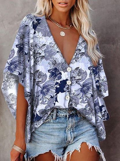Loose Deep V-neck Mid-sleeved Shirt - LuckyFash™