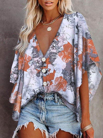 Loose Deep V-neck Mid-sleeved Shirt - LuckyFash™