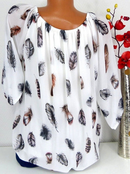 Loose Feather Print V-neck Five-point Sleeve Shirt - LuckyFash™