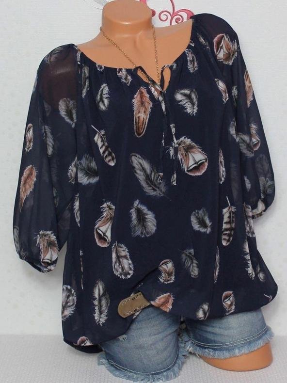 Loose Feather Print V-neck Five-point Sleeve Shirt - LuckyFash™