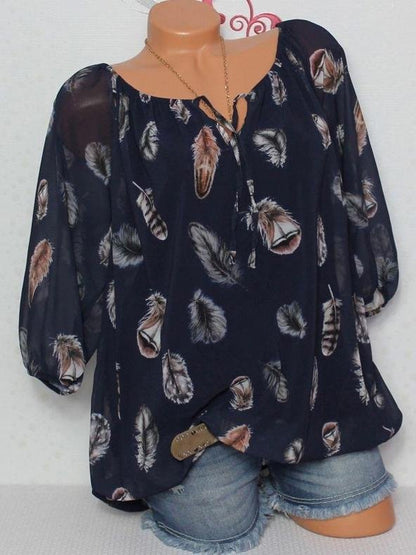 Loose Feather Print V-neck Five-point Sleeve Shirt - LuckyFash™