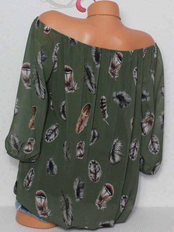Loose Feather Print V-neck Five-point Sleeve Shirt - LuckyFash™