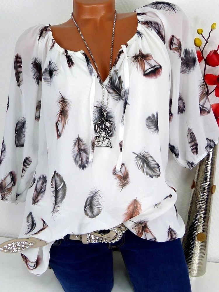 Loose Feather Print V-neck Five-point Sleeve Shirt - LuckyFash™