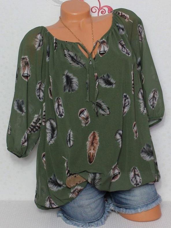 Loose Feather Print V-neck Five-point Sleeve Shirt - LuckyFash™