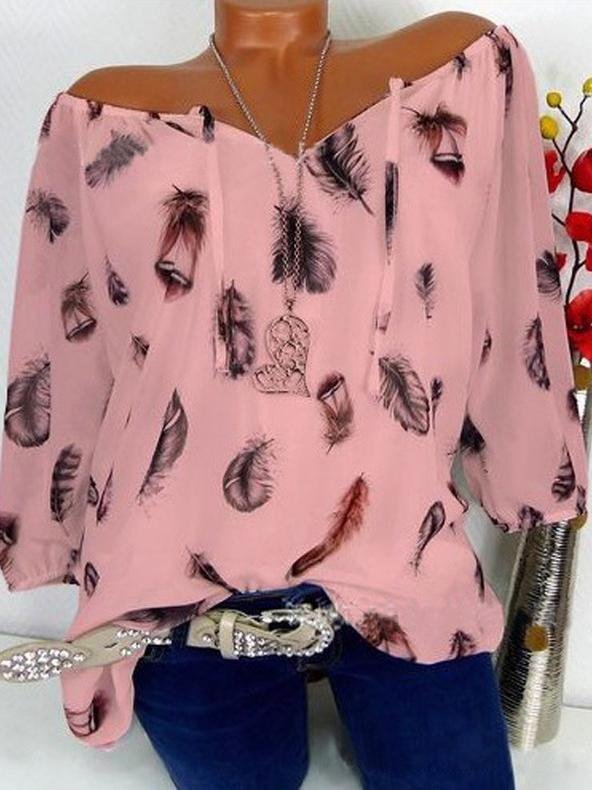 Loose Feather Print V-neck Five-point Sleeve Shirt - LuckyFash™