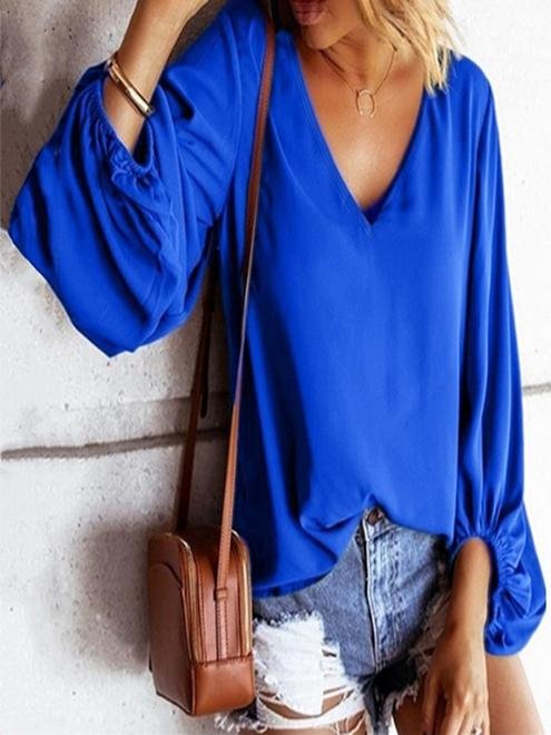 Loose Lantern Sleeve Solid Chiffon Women Blouse - LuckyFash™