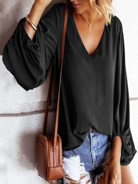 Loose Lantern Sleeve Solid Chiffon Women Blouse - LuckyFash™