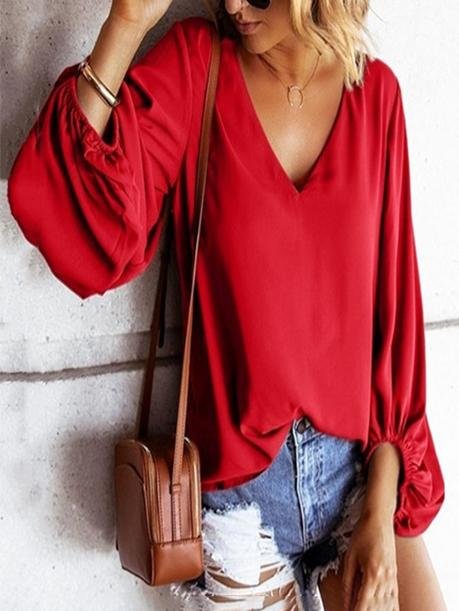 Loose Lantern Sleeve Solid Chiffon Women Blouse - LuckyFash™