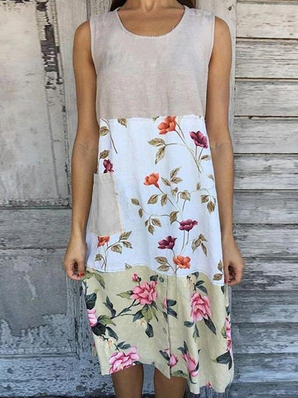 Loose Print Stitching Sleeveless Dress - LuckyFash™