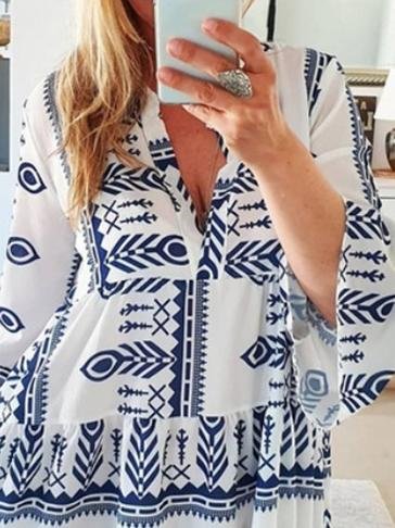 Loose Printed Long Sleeve V-Neck Dress - LuckyFash™