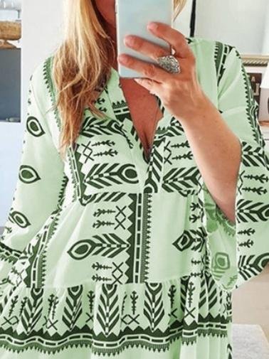 Loose Printed Long Sleeve V-Neck Dress - LuckyFash™