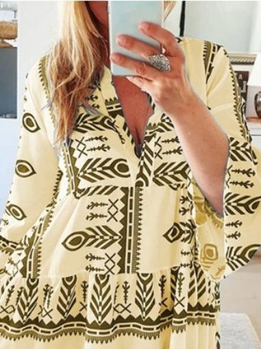 Loose Printed Long Sleeve V-Neck Dress - LuckyFash™