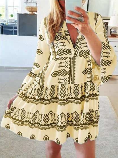 Loose Printed Long Sleeve V-Neck Dress - LuckyFash™