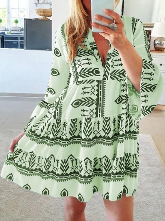 Loose Printed Long Sleeve V-Neck Dress - LuckyFash™