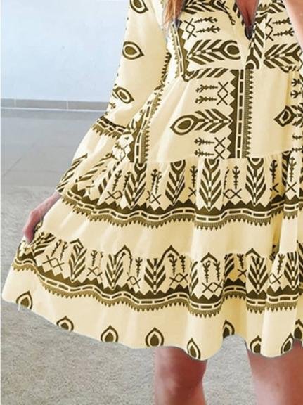 Loose Printed Long Sleeve V-Neck Dress - LuckyFash™