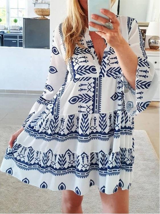 Loose Printed Long Sleeve V-Neck Dress - LuckyFash™