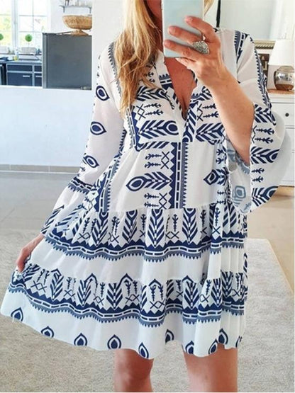 Loose Printed Long Sleeve V-Neck Dress - LuckyFash™
