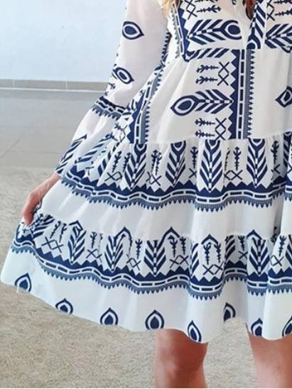 Loose Printed Long Sleeve V-Neck Dress - LuckyFash™