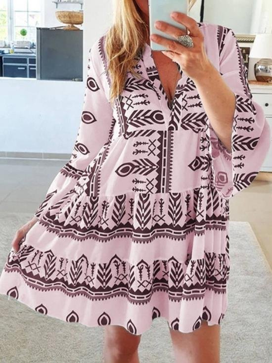 Loose Printed Long Sleeve V-Neck Dress - LuckyFash™