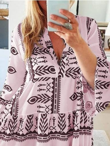Loose Printed Long Sleeve V-Neck Dress - LuckyFash™