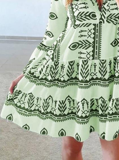 Loose Printed Long Sleeve V-Neck Dress - LuckyFash™