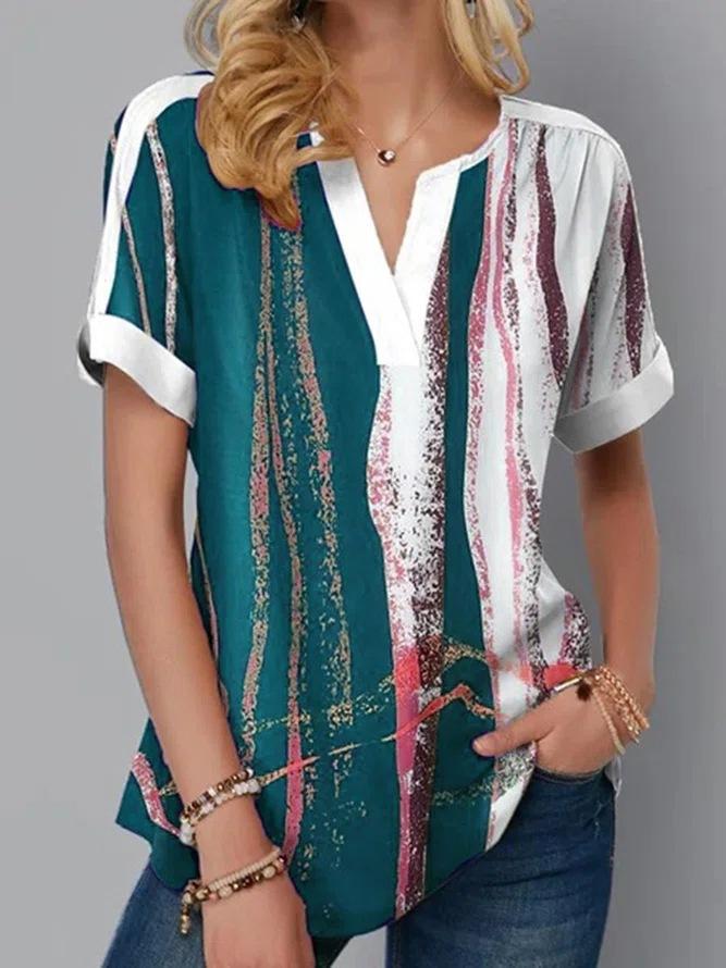 Loose Printed Short Sleeve V-Neck T-Shirt - LuckyFash™