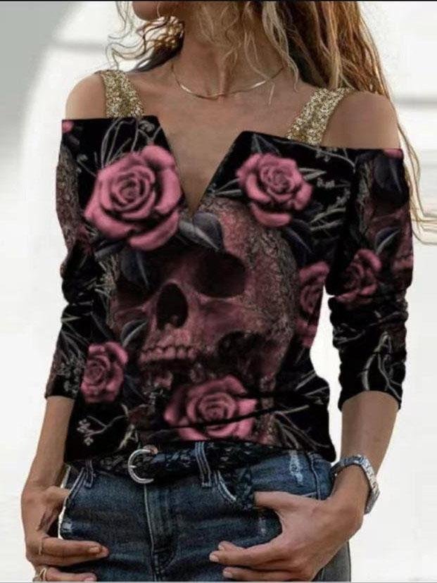 Loose Printed V-neck One-shoulder Long Sleeve T-shirt - LuckyFash™