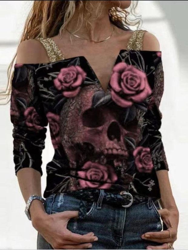 Loose Printed V-neck One-shoulder Long Sleeve T-shirt - LuckyFash™