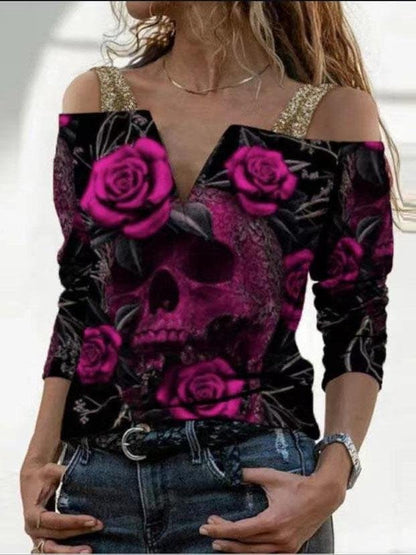 Loose Printed V-neck One-shoulder Long Sleeve T-shirt - LuckyFash™