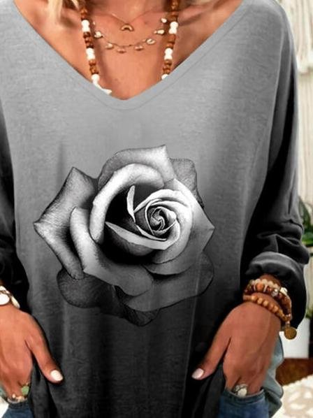 Loose Rose Print V-Neck Long Sleeve T-Shirt - LuckyFash™