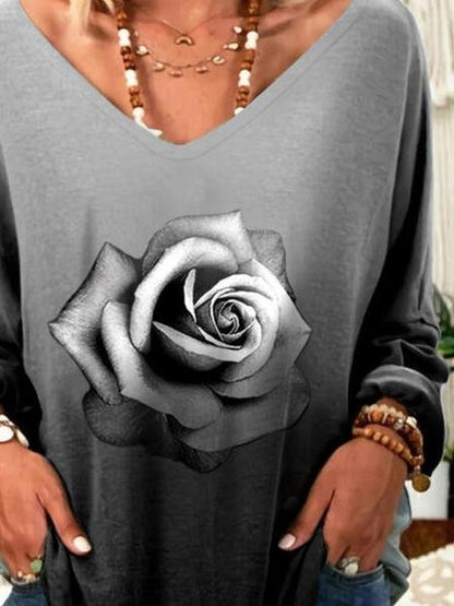 Loose Rose Print V-Neck Long Sleeve T-Shirt - LuckyFash™